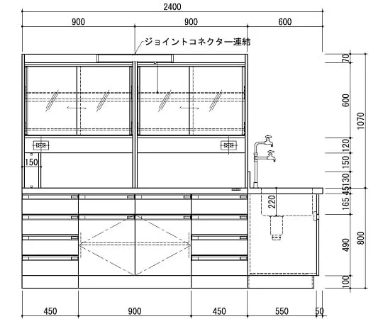 3-3871-02 Central Laboratory Bench Wooden White Type, Riser Type, Side Sink, with Reagent Shelf 2400 x 1200 x 800/1870 SAOK-2412W