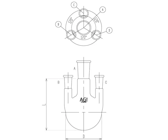 65-0598-91 4 Port Flask Side Tube Vertical Type 1,000 mL 24/40/15/25 3120-1-4L1L