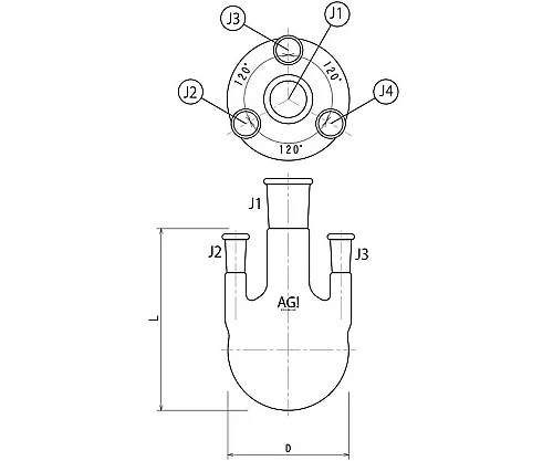 61-3619-32 4 Neck Flask Side Tube Vertical Type 100mL 24/40・15/25 3120-100-4L1L
