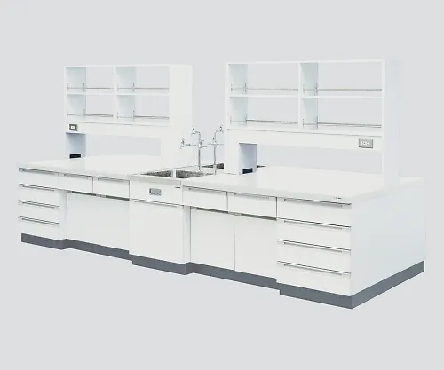 3-3873-02　［Discontinued］Central Laboratory Bench Wooden White Type, Riser Type, Face-To-Face Sink, with Reagent Shelf 2400 x 1200 x 800/1800　SAOL-2412W