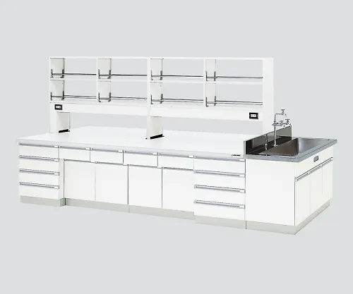 3-3865-02　［Discontinued］Central Laboratory Bench Wooden White Type, Riser Type, Side Sink, with Reagent Shelf 2400 x 1200 x 800/1800　SAOH-2412W