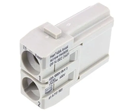 63-4771-61 Han-Modular Series Male Module, 2 Way, 1 Row, Rated At 40A, 1 kV, Han 40A Axial 9140022601
