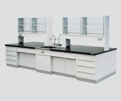 3-3704-02　［Discontinued］Central Laboratory Bench Wooden Type, Riser Type, Face-To-Face Sink, with Reagent Shelf 2400 x 1200 x 800/1800　SAOM-2412