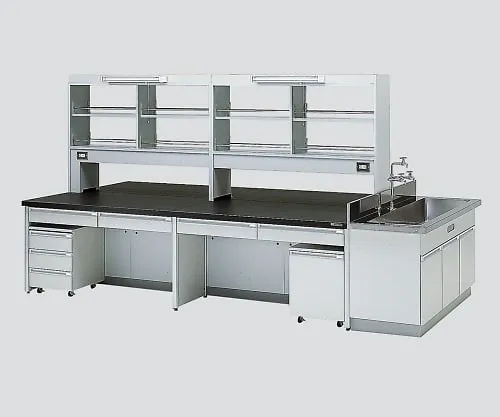 3-3830-02　［Discontinued］Central Laboratory Bench with Drawer, Frame Type with Unit, Side Sink, with Reagent Shelf 2400 x 1200 x 800/1870　HDOJ-2412