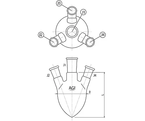 61-3632-43　［Discontinued］4 Neck Pear-Shaped Flask 25mL 15/25・15/25　3236-025-1L1L