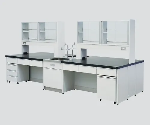 3-3836-02　［Discontinued］Central Laboratory Bench with Drawer, Frame Type with Unit, Face-To-Face Sink, with Reagent Shelf 2400 x 1200 x 800/1800　HDOM-2412