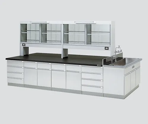 3-3730-02　［Discontinued］Central Laboratory Bench Wooden Type, Flat Type, Side Sink, with Reagent Shelf 2400 x 1200 x 800/1870　SBOK-2412