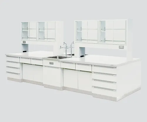 3-3875-02　［Discontinued］Central Laboratory Bench Wooden White Type, Riser Type, Face-To-Face Sink, with Reagent Shelf 2400 x 1200 x 800/1800　SAOM-2412W