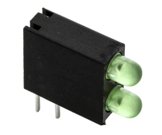 63-4873-62 Dialight 553-0122-200F, Green Right Angle PCB LED Indicator, 2 LEDs, Through Hole 2.8 V 553-0122-200F