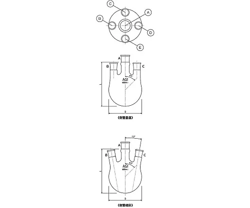 61-3632-15　［Discontinued］5 Neck Flask 3000mL 29/42・19/38　3130-3-5L3L
