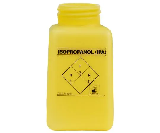 64-2944-09 DURA STATIC Dissipative HDPE Yellow Square Bottle, GHS Label with "Isopropanol", 35499