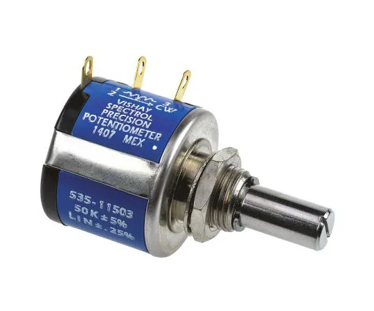 63-4800-29 Vishay 535 Series Wirewound Potentiometer with a 6.35 mm Dia. Shaft 5-Turn, 50kΩ, ±5%, 1.5W, ±20ppm/°C, Panel Mount 535B1503JC