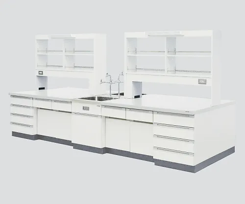 3-3877-02　［Discontinued］Central Laboratory Bench Wooden White Type, Riser Type, Side Sink, with Reagent Shelf 2400 x 1200 x 800/1870　SAON-2412W