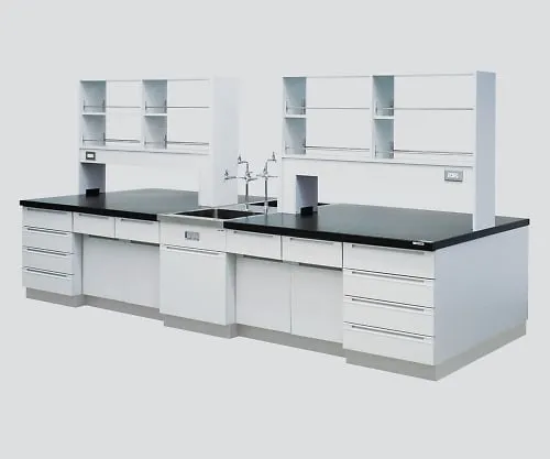 3-3702-02　［Discontinued］Central Laboratory Bench Wooden Type, Riser Type, Face-To-Face Sink, with Reagent Shelf 2400 x 1200 x 800/1800　SAOL-2412
