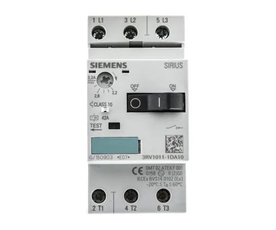 63-4742-81 Siemens Sirius Innovation 690 V Motor Protection Circuit Breaker, 3P Channels, 2.2 → 3.2 A, 100 kA 3RV1011-1DA10