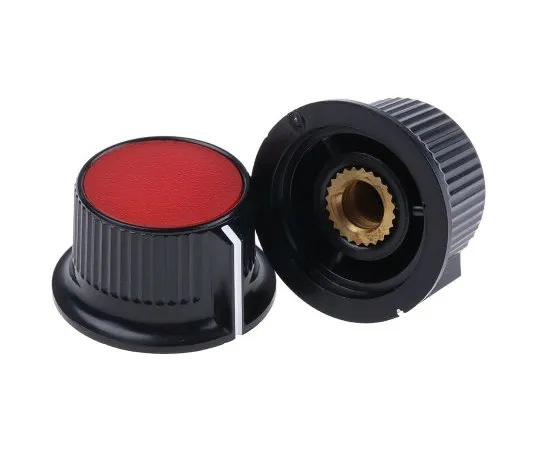 63-4748-21 RS PRO Potentiometer Knob, Grub Screw Type, 28mm Knob Diameter, Black, Red, 6mm Shaft 259-7023