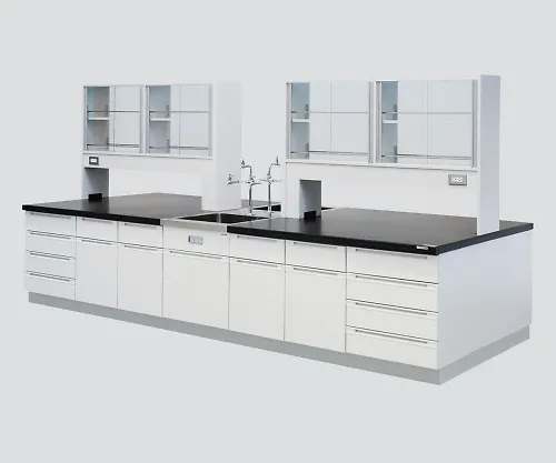 3-3734-02　［Discontinued］Central Laboratory Bench Wooden Type, Flat Type, Face-To-Face Sink, with Reagent Shelf 2400 x 1200 x 800/1800　SBOM-2412