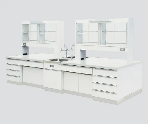 3-3879-02　［Discontinued］Central Laboratory Bench Wooden White Type, Riser Type, Face-To-Face Sink, with Reagent Shelf 2400 x 1200 x 800/1870　SAOO-2412W