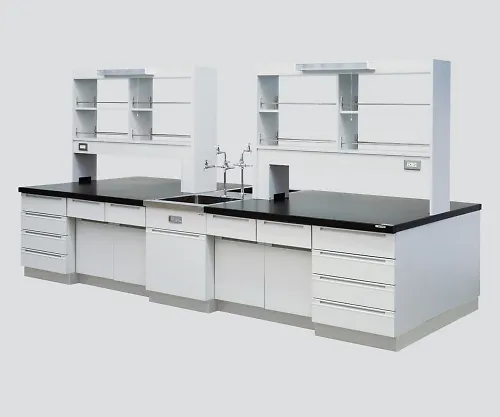 3-3706-02　［Discontinued］Central Laboratory Bench Wooden Type, Riser Type, Face-To-Face Sink, with Reagent Shelf 2400 x 1200 x 800/1870　SAON-2412