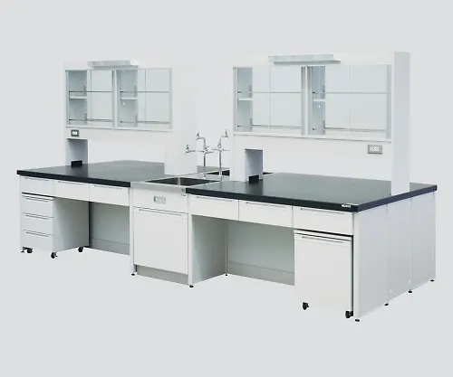 3-3840-02　［Discontinued］Central Laboratory Bench with Drawer, Frame Type with Unit, Face-To-Face Sink, with Reagent Shelf 2400 x 1200 x 800/1870　HDOO-2412