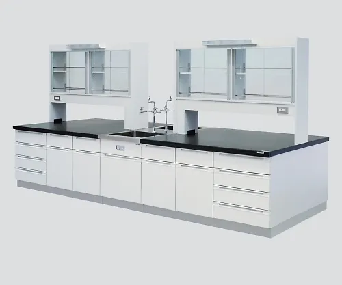 3-3738-02　［Discontinued］Central Laboratory Bench Wooden Type, Flat Type, Face-To-Face Sink, with Reagent Shelf 2400 x 1200 x 800/1870　SBOO-2412