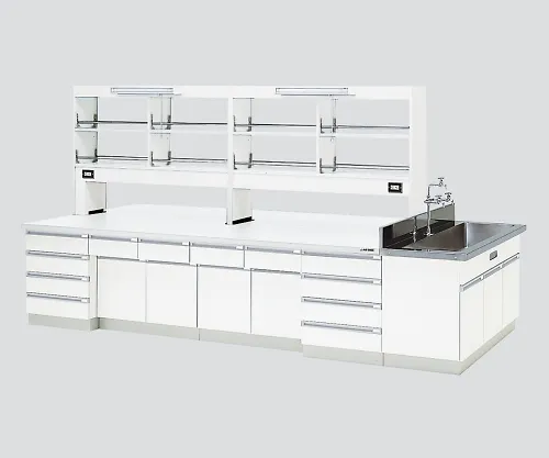 3-3869-02　［Discontinued］Central Laboratory Bench Wooden White Type, Riser Type, Side Sink, with Reagent Shelf 2400 x 1200 x 800/1870　SAOJ-2412W