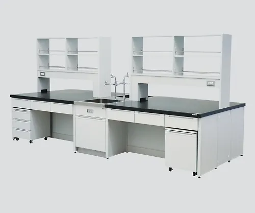 3-3834-02　［Discontinued］Central Laboratory Bench with Drawer, Frame Type with Unit, Face-To-Face Sink, with Reagent Shelf 2400 x 1200 x 800/1800　HDOL-2412
