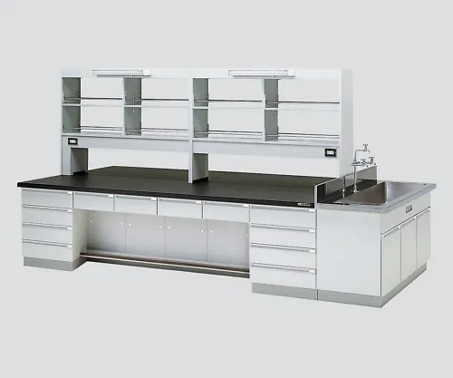 3-3758-02　［Discontinued］Central Laboratory Bench Wooden Type, Desk Type, Side Sink, with Reagent Shelf 2400 x 1200 x 800/1870　SGOJ-2412