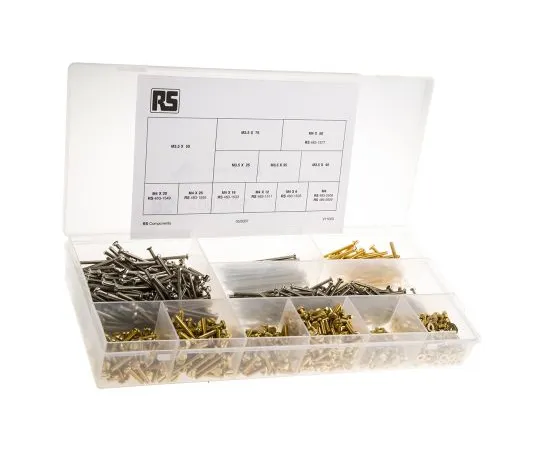 63-6545-95 RS Pro Brass, Steel 1250 Piece Slot Drive Screw/Bolt, Nut & Washer Kit 100-226
