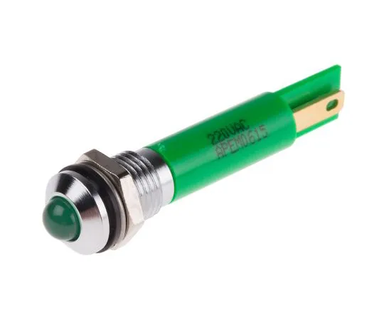63-5145-12 RS PRO Green Indicator, 220 V ac, 8mm Mounting Hole Size, Solder Lug Termination, IP67 846-2825