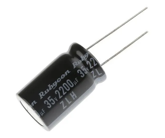 63-4985-17 Rubycon 2200μF 35V dc Aluminium Electrolytic Capacitor, Through Hole 16 (Dia.) x 25mm +105°C 16mm 7.5mm 35ZLH2200MEFC16X25