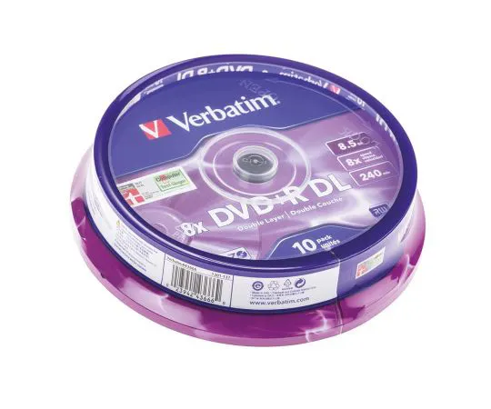 63-5053-26 Verbatim Blank DVD 8.5 GB 8X DVD+R DL, 10 Pack 43666