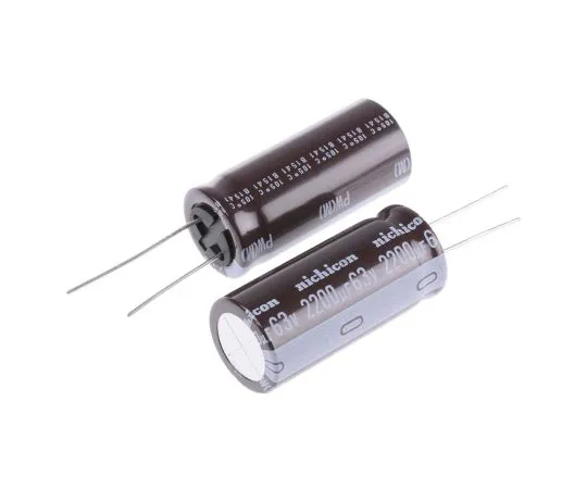 63-5008-56 Nichicon 2200μF 63V dc Aluminium Electrolytic Capacitor, Through Hole 18 (Dia.) x 40mm +105°C 18mm 7.5mm UPW1J222MHD