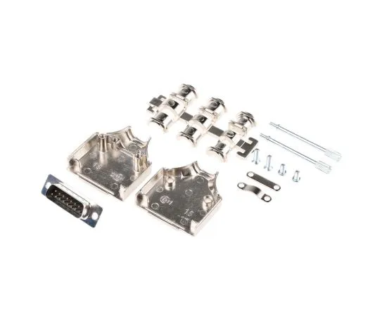 63-5080-76 15 Way D-Sub Plug Connector Kit With Cable Clamp, Contact Insert, D-sub Plug Connector, Hood, Metalised Grommet Kit, MHDM15-DB15P-K