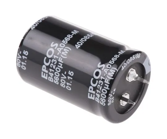 63-5086-18 EPCOS 5600μF 80V dc Aluminium Electrolytic Capacitor, Through Hole 30 (Dia.) x 45mm +85°C 30mm 10mm B41231A0568M000