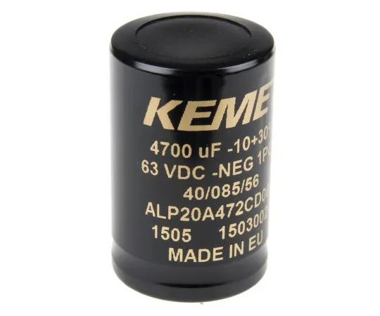 63-6547-52 KEMET 4700μF 63V dc Aluminium Electrolytic Capacitor, Through Hole 35 x 55mm +85°C 35mm 55mm ALP20A472CD063