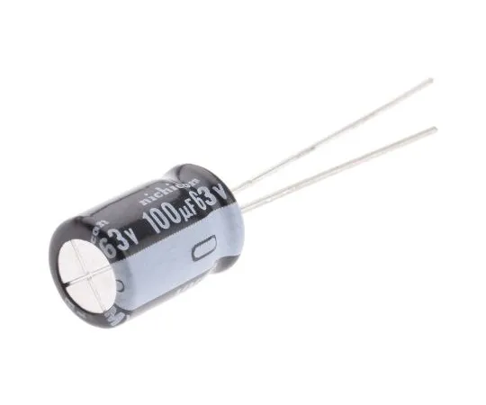 63-5043-32 Nichicon 100μF 63V dc Aluminium Electrolytic Capacitor, Through Hole 8 (Dia.) x 11.5mm +105°C 8mm 3.5mm UVY1J101MPD