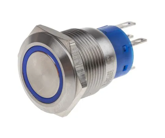 63-6775-12 RS PRO Single Pole Double Throw (SPDT) Momentary Blue LED Push Button Switch, IP67, 19.2 (Dia.)mm, Panel Mount, 250V ac 111-3777