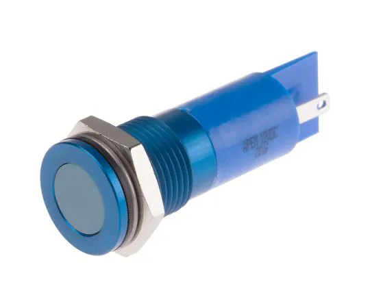 63-6780-52 RS PRO Blue Indicator, 12 V dc, 14mm Mounting Hole Size, Faston, Solder Lug Termination, IP67 111-6565