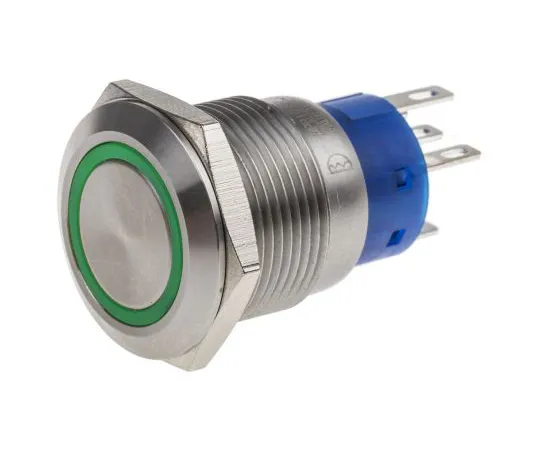 63-6775-10 RS PRO Single Pole Double Throw (SPDT) Latching Green LED Push Button Switch, IP67, 19.2 (Dia.)mm, Panel Mount, 250V ac 111-3774
