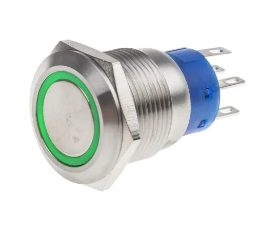 63-6777-72 RS PRO Double Pole Double Throw (DPDT) Latching Green LED Push Button Switch, IP67, 19.2 (Dia.)mm, Panel Mount, 250V ac 111-5782