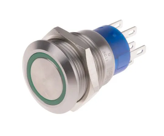 63-6777-93 RS PRO Double Pole Double Throw (DPDT) Momentary Green LED Push Button Switch, IP67, 19.2 (Dia.)mm, Panel Mount, 110V 111-5810