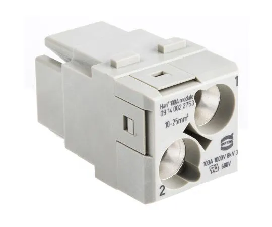 63-7525-70 Han-Modular Series Female Module, 2 Way, Rated At 100A, 1 kV, Han 100A Axial 3R6