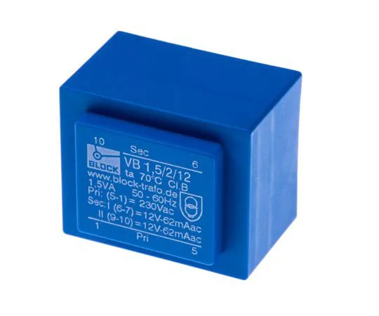 63-7500-72 12V ac 2 Output Through Hole PCB Transformer, 1.5VA VB 1.5/2/12