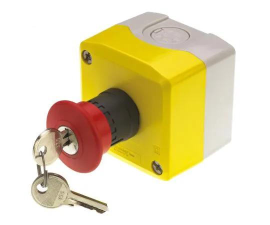 63-7493-23 Schneider Electric Harmony, Red/Yellow/Grey, Key Reset 40mm Mushroom Head Emergency Button XALK188G