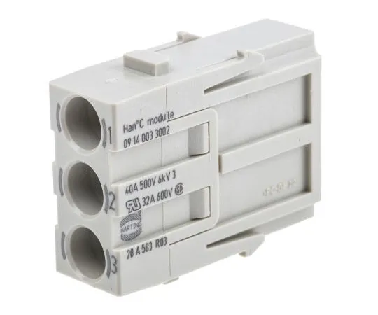 63-7525-68 Han-Modular Series Male Module, 3 Way, 1 Row, Rated At 40A, 500 V, Han C 9140033002