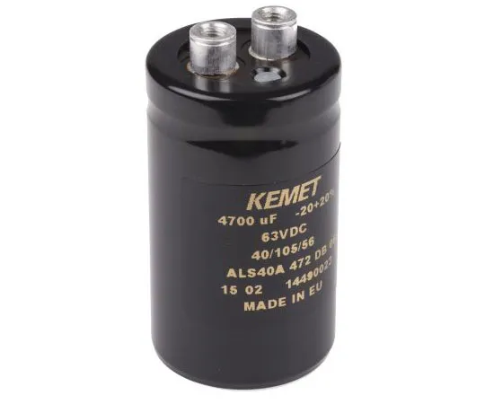 63-7517-18 KEMET 4700μF 63V dc Aluminium Electrolytic Capacitor, Chassis Mount 36 x 62mm +105°C 36mm 62mm ALS40A472DB063