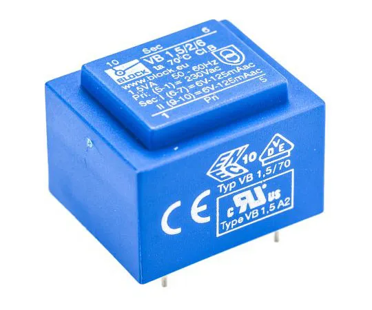 63-7500-70 6V ac 2 Output Through Hole PCB Transformer, 1.5VA VB 1.5/2/6