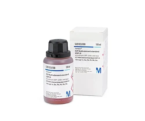 61-0324-23　［Discontinued］ICP Multi-Element Standard Solution USP-ⅢUSP  Compliant With Oral Dose 100mg/L: Ir, Os, Pd, Pt, Rh, Ru Certipur(R) 505103 100mL　5.05103.0100