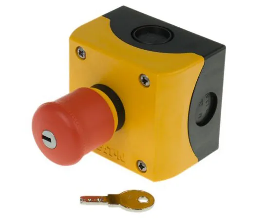 63-7526-67 Eaton RMQ Titan, Red/Yellow/Black, Key Reset 38mm Round Head Emergency Button 216523 & M22-PVS/KC11/IY